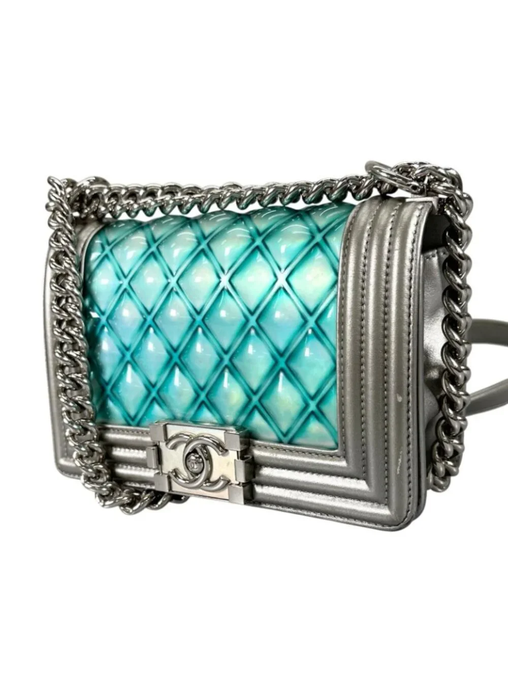 Chanel Boy Enamel Leather Lambskin Silver Light Blue Shoulder